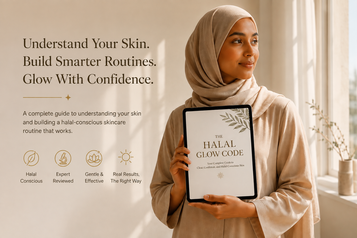 Woman holding The Halal Glow Code halal-conscious skincare ebook for clearer, confident skin