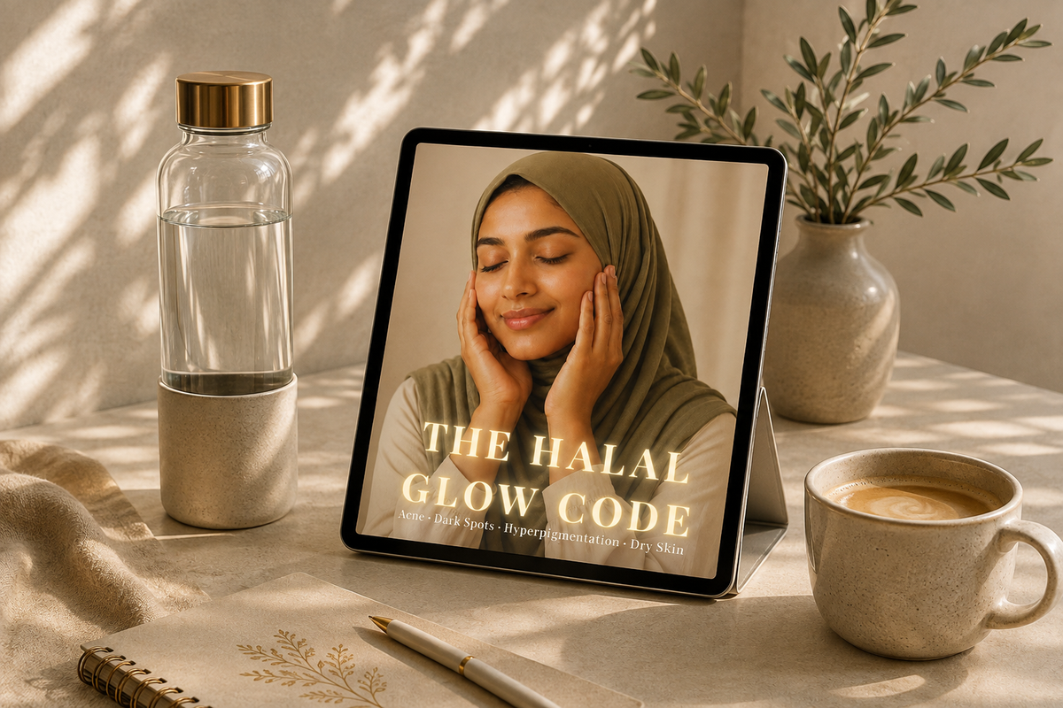 Premium tablet mockup featuring The Halal Glow Code skincare ebook for acne, dark spots, hyperpigmentation and dry skin
